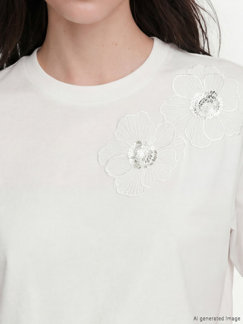 Beyaz Bisiklet Yaka Çiçek Aplikeli Kadın Tişört-2