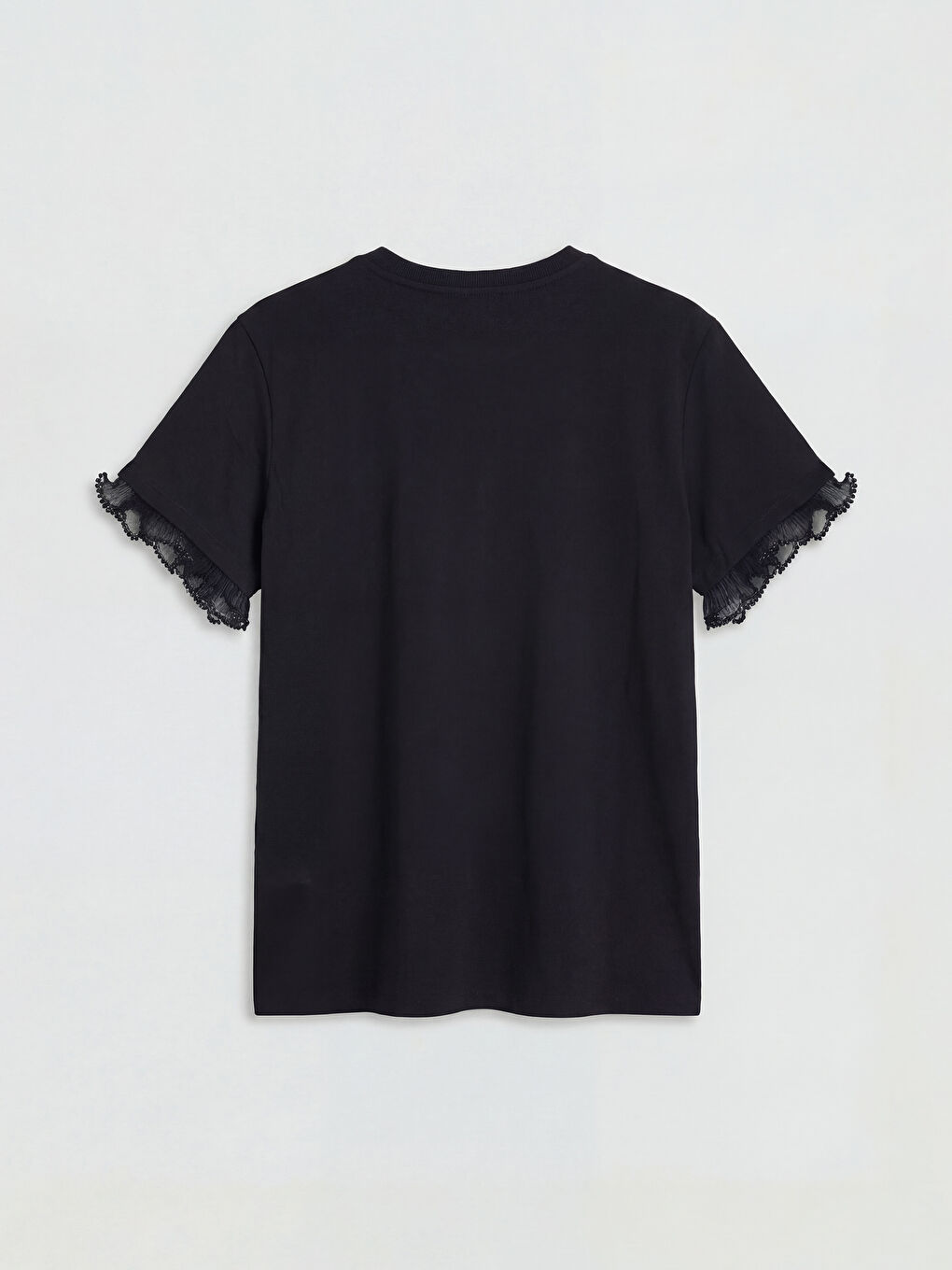 Siyah Bisiklet Yaka Fırfırlı Kadın Tişört-1