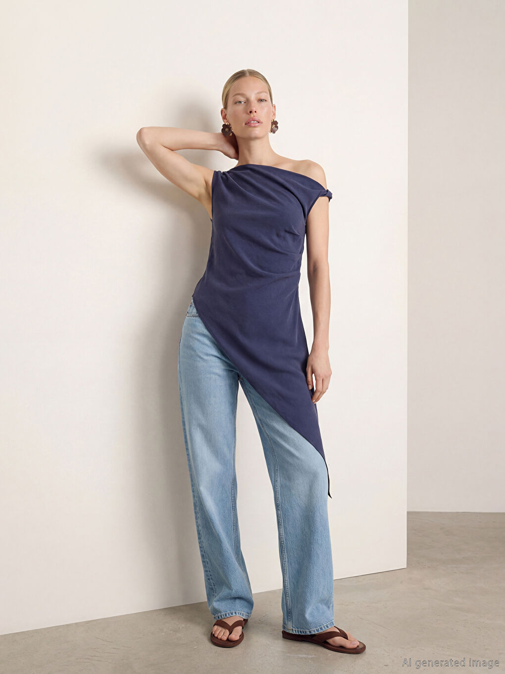 Lacivert Dökümlü Yaka Modal Karışımlı Asimetrik Kesim Bluz