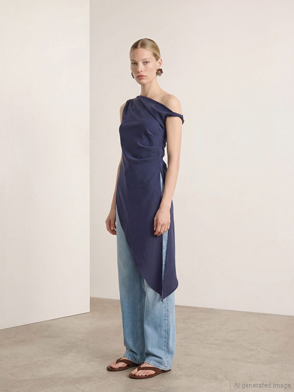 Lacivert Dökümlü Yaka Modal Karışımlı Asimetrik Kesim Bluz-1