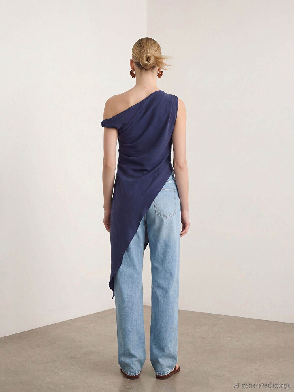 Lacivert Dökümlü Yaka Modal Karışımlı Asimetrik Kesim Bluz-2