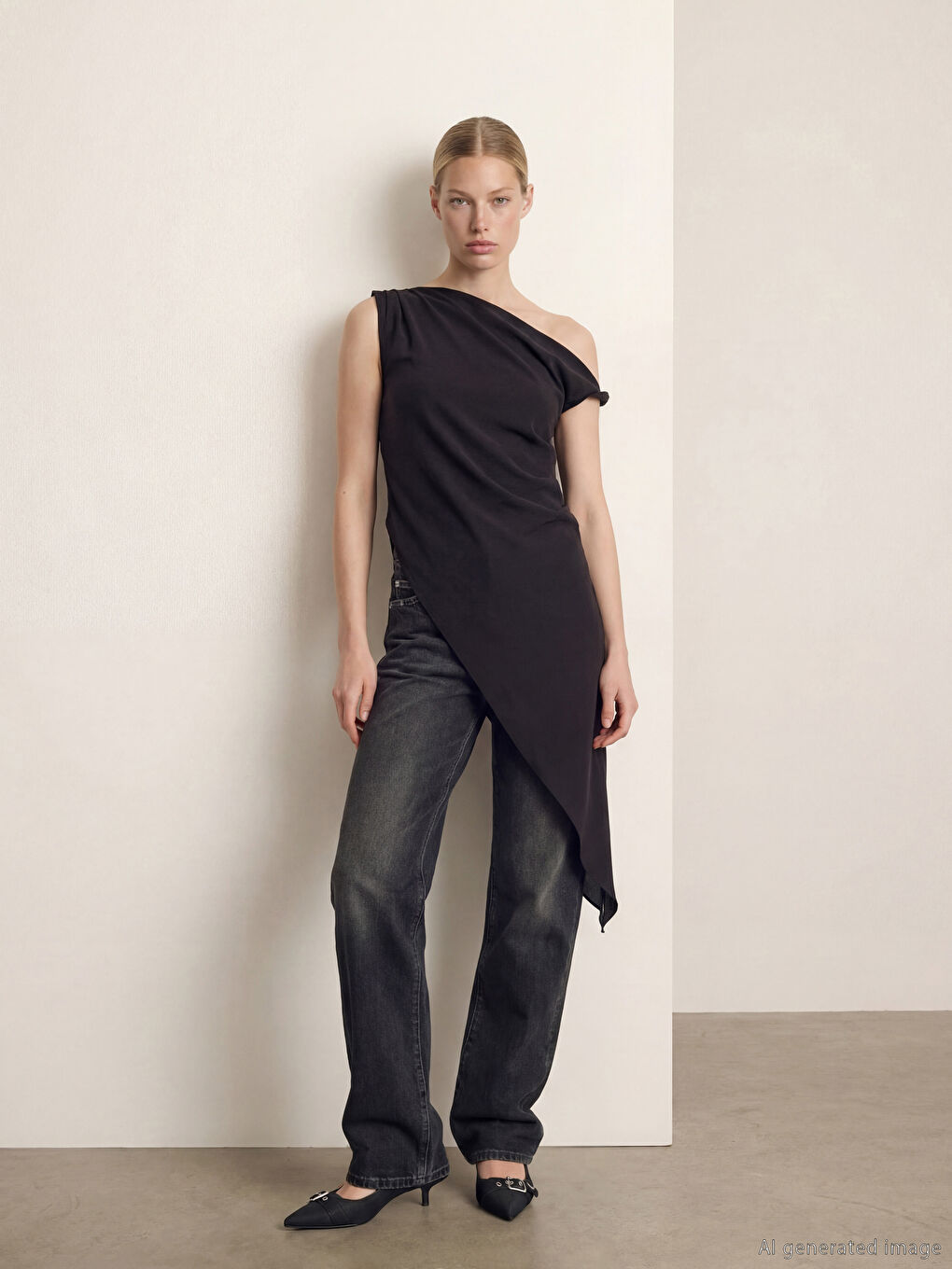 Siyah Dökümlü Yaka Modal Karışımlı Asimetrik Kesim Bluz