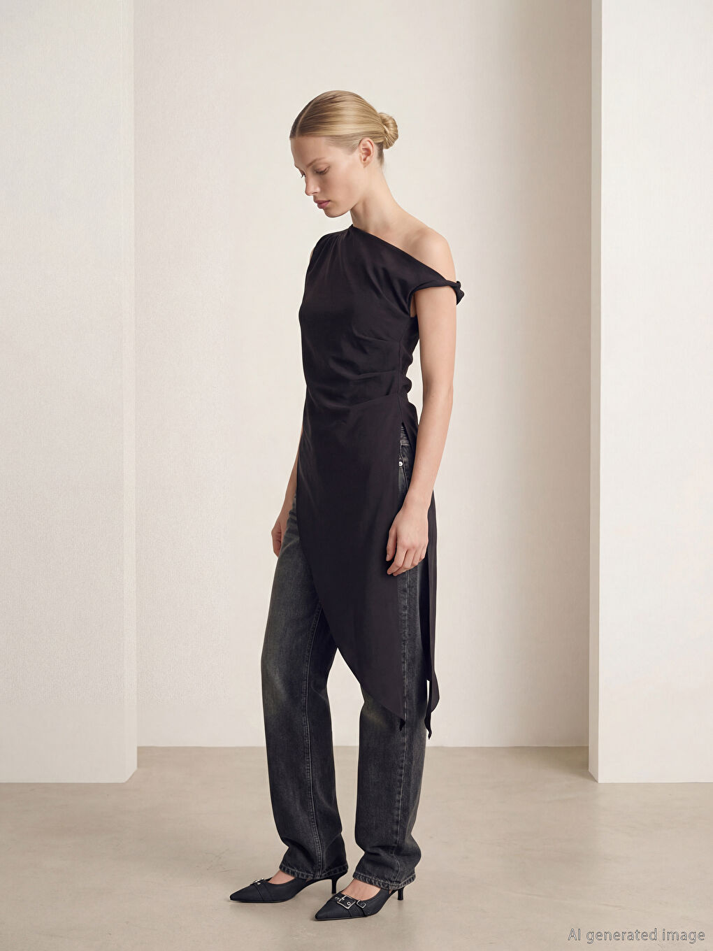 Siyah Dökümlü Yaka Modal Karışımlı Asimetrik Kesim Bluz-1