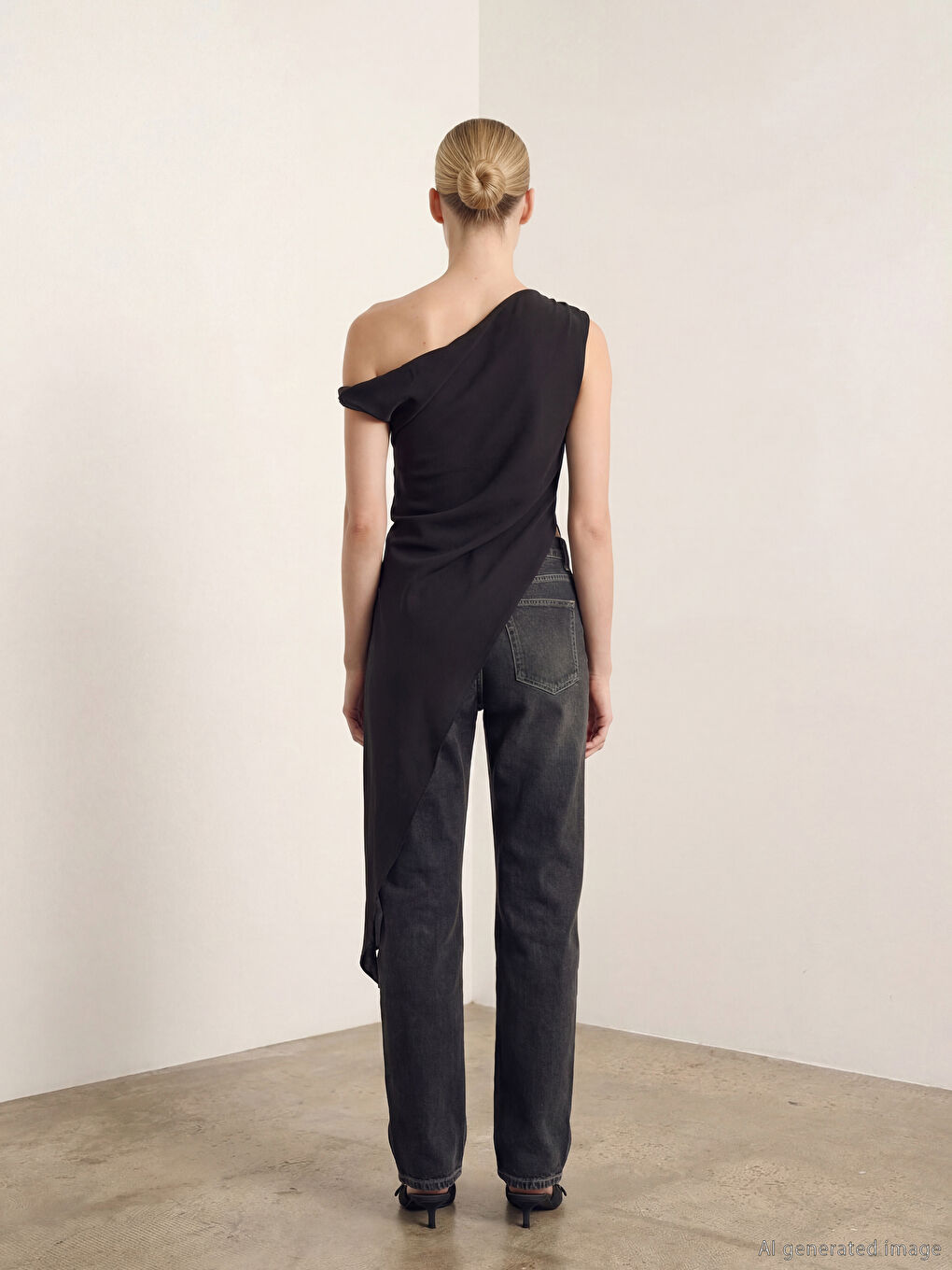 Siyah Dökümlü Yaka Modal Karışımlı Asimetrik Kesim Bluz-2