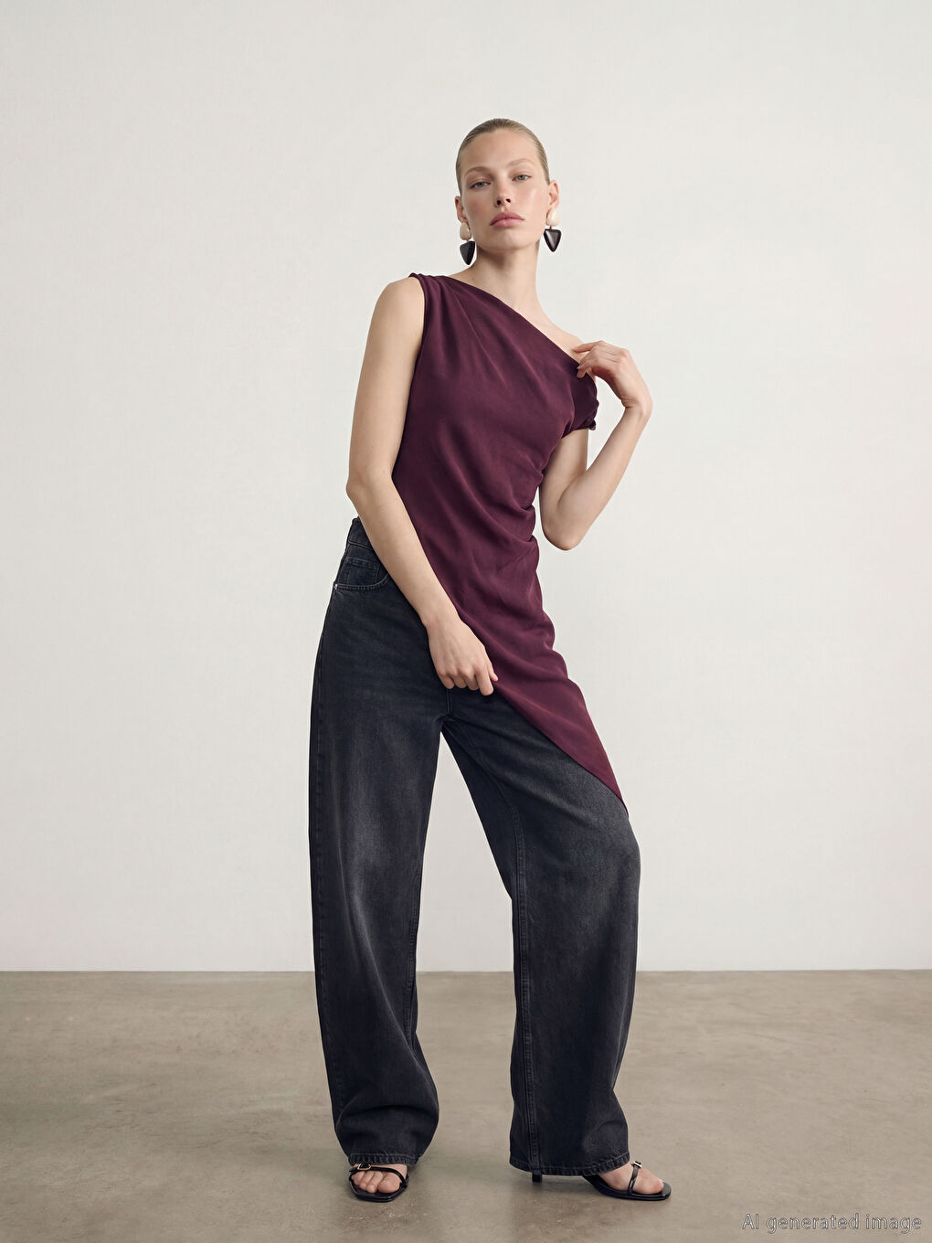 Bordo Dökümlü Yaka Modal Karışımlı Asimetrik Kesim Bluz