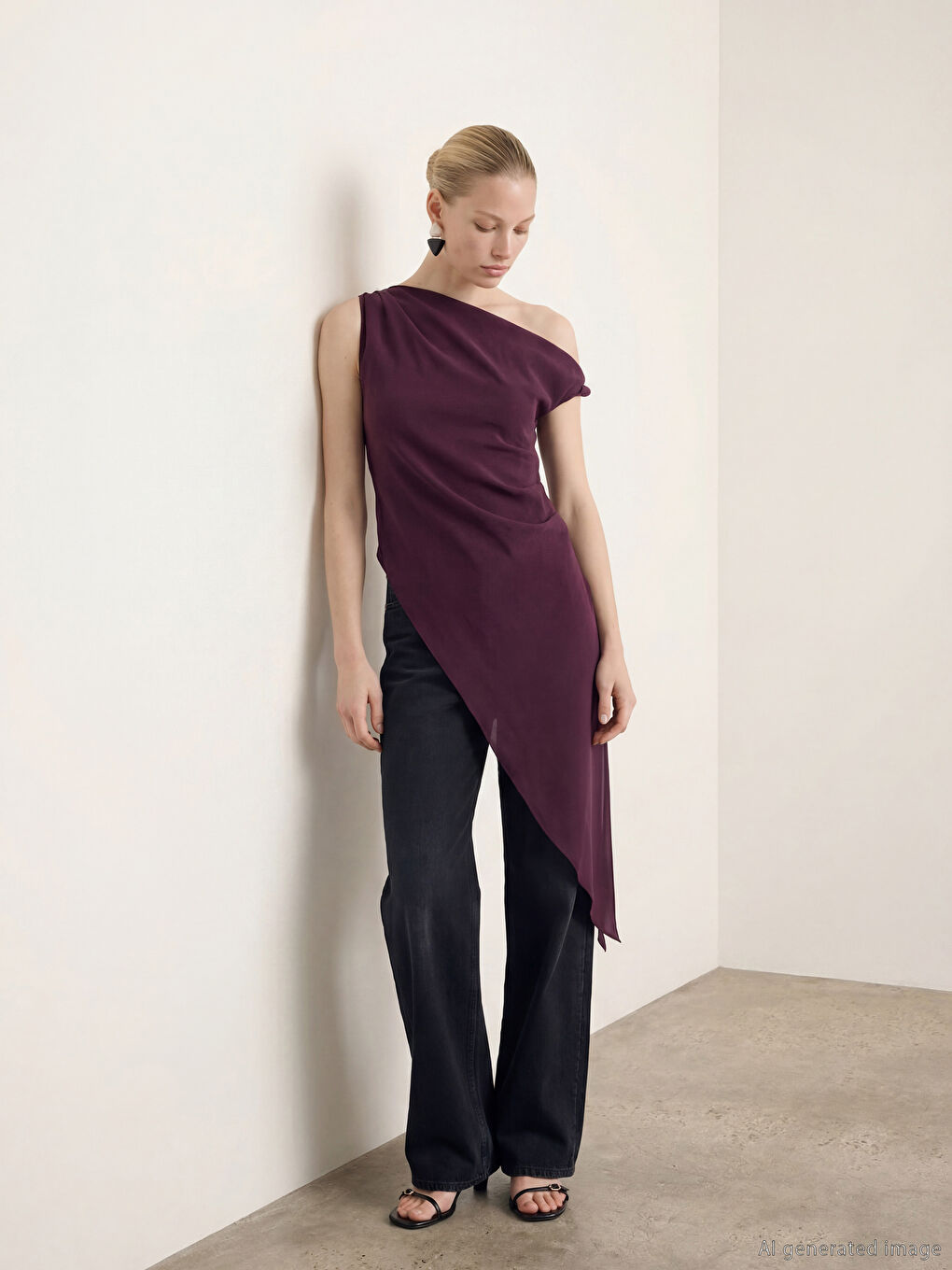 Bordo Dökümlü Yaka Modal Karışımlı Asimetrik Kesim Bluz-1