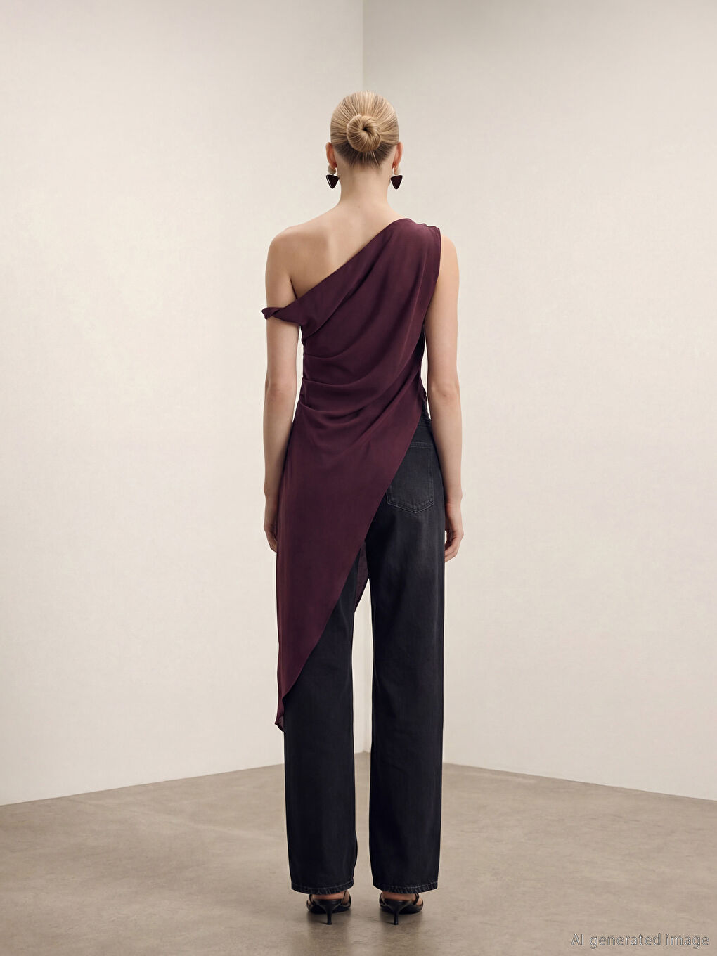 Bordo Dökümlü Yaka Modal Karışımlı Asimetrik Kesim Bluz-2