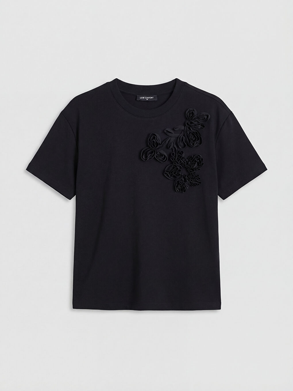 Siyah Çiçek Aplikeli Soft Touch Kadın Tişört