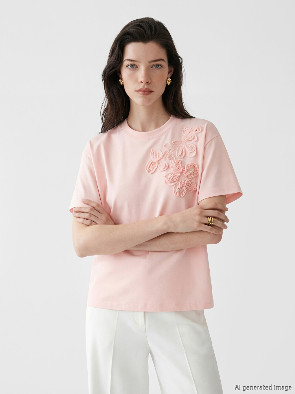 Pembe Çiçek Aplikeli Soft Touch Kadın Tişört
