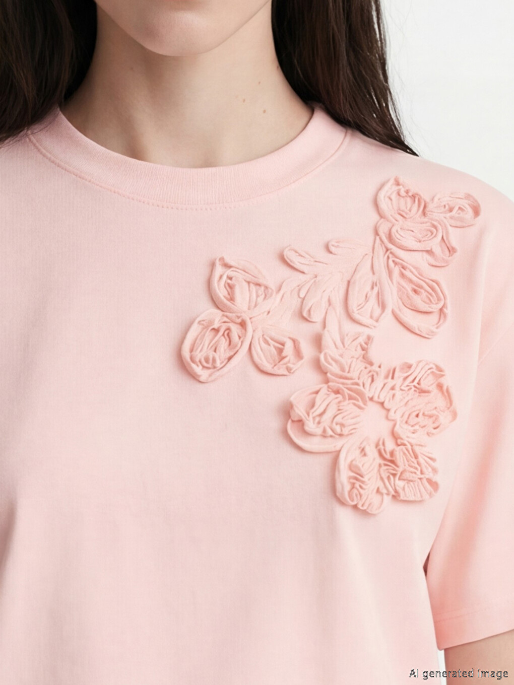 Pembe Çiçek Aplikeli Soft Touch Kadın Tişört-2