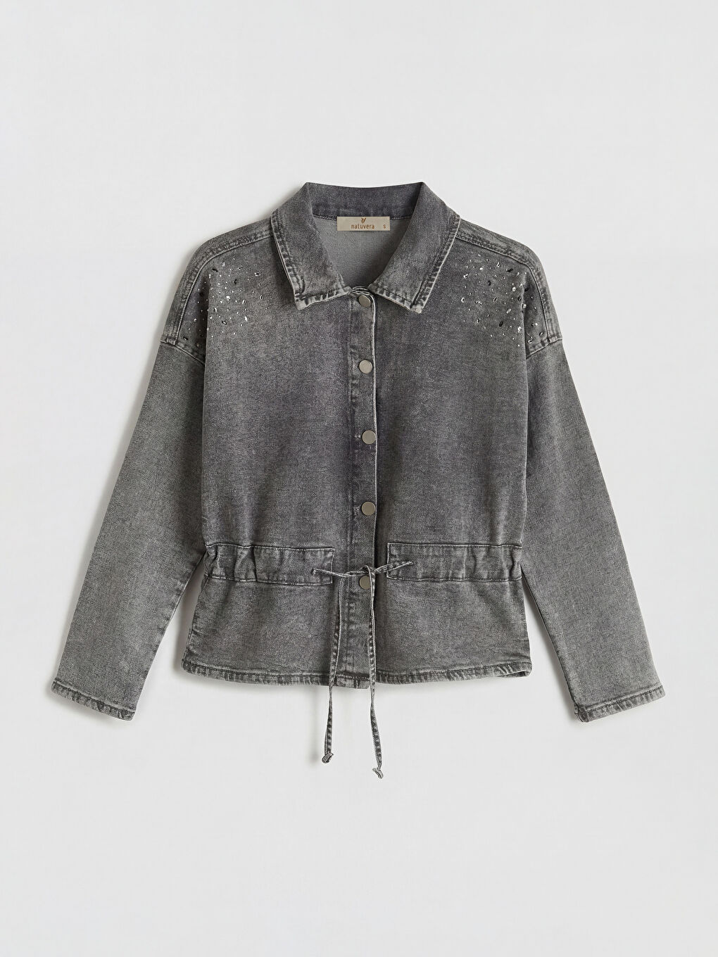 Antrasit Gömlek Yaka Taşlı Kadın Jean Ceket