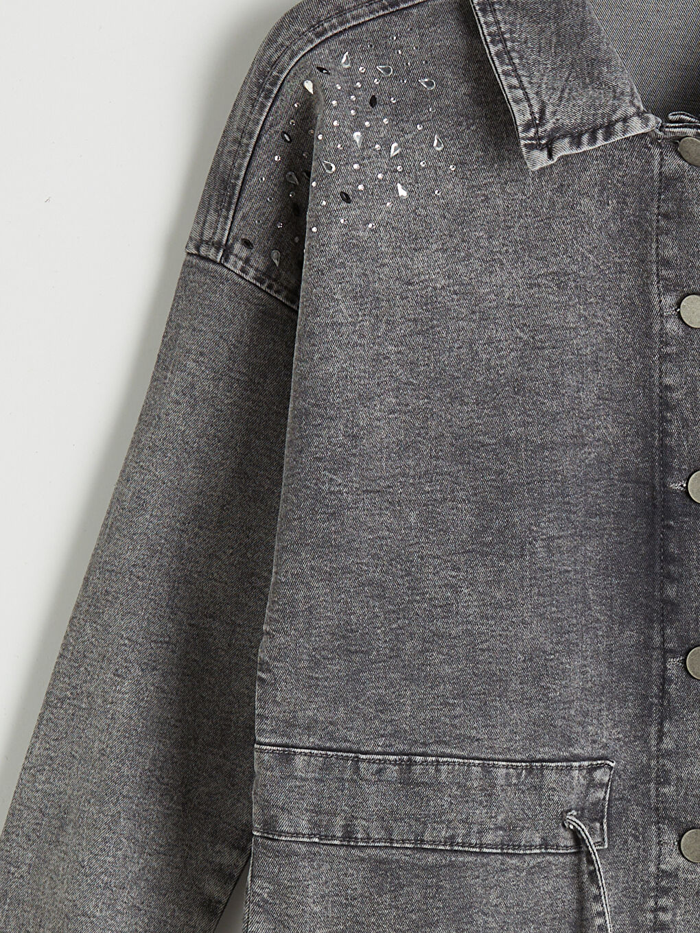 Antrasit Gömlek Yaka Taşlı Kadın Jean Ceket-2