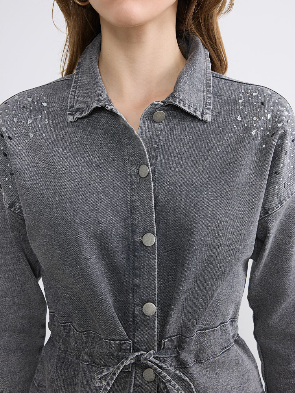 Antrasit Gömlek Yaka Taşlı Kadın Jean Ceket-2
