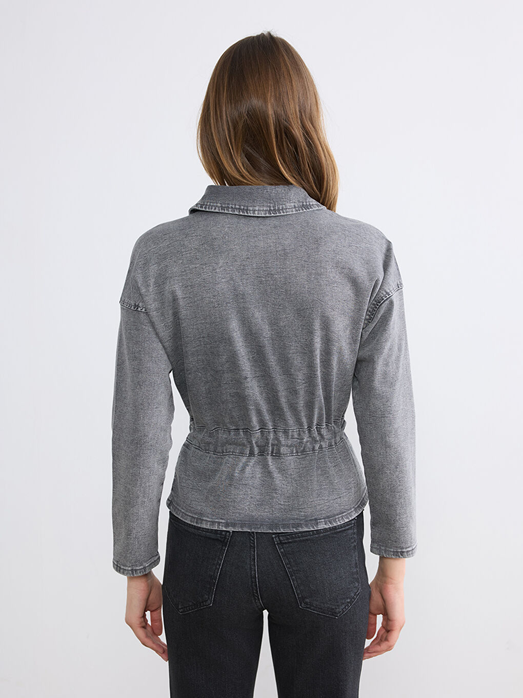 Antrasit Gömlek Yaka Taşlı Kadın Jean Ceket-3