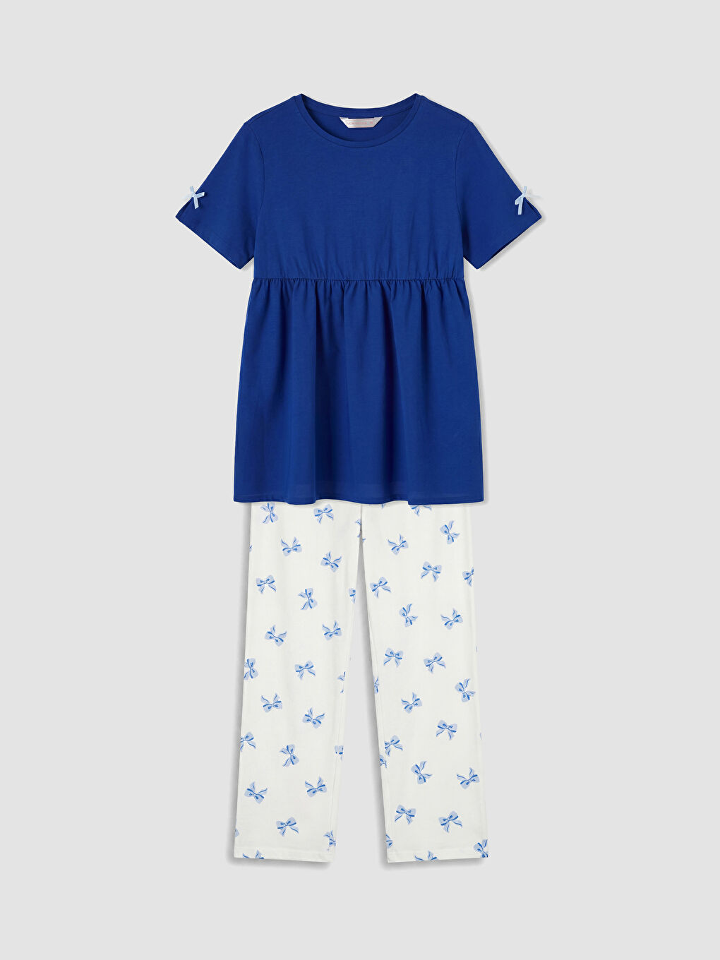 Ekru Bisiklet Yaka Desenli Kadın Pijama Takım