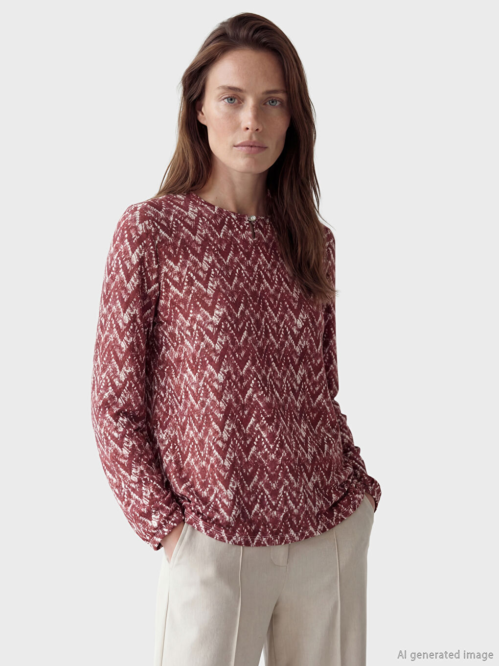 Crew Neck Patterned Blouse