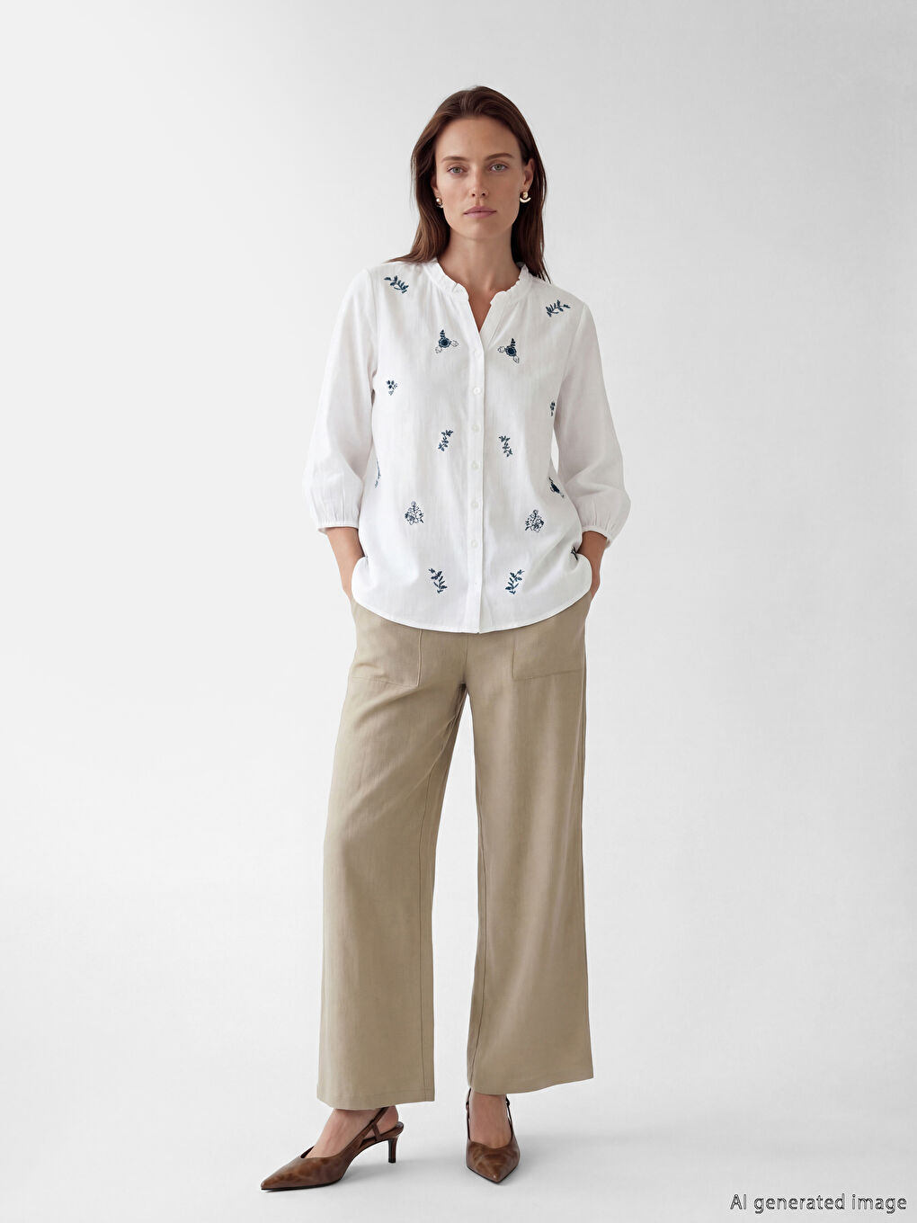 Kahverengi Beli Lastikli Keten Görünümlü Kadın Pantolon