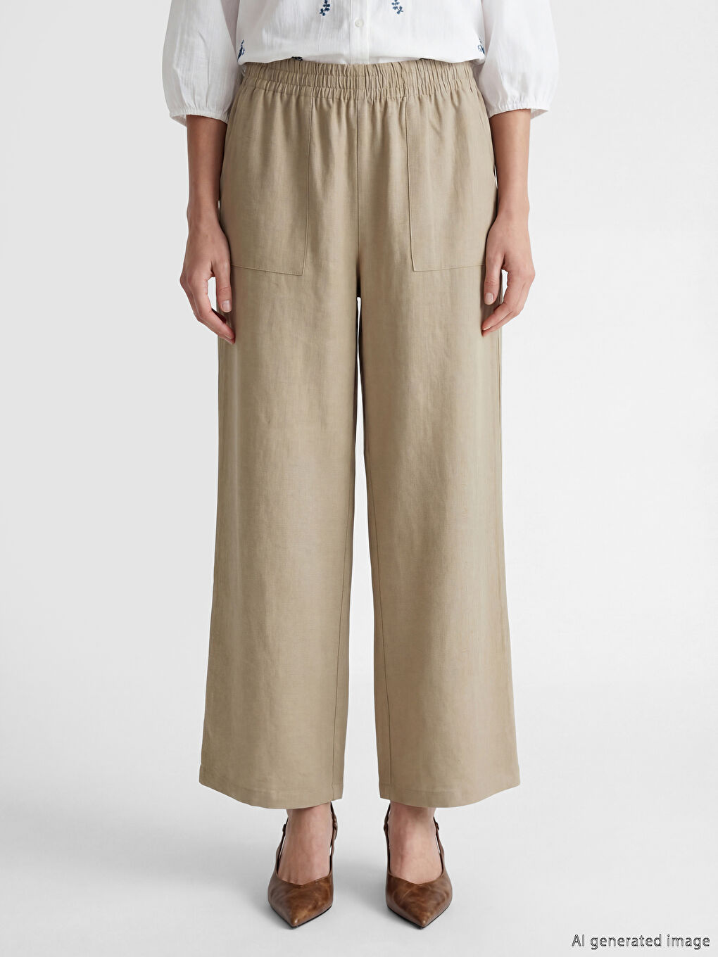 Kahverengi Beli Lastikli Keten Görünümlü Kadın Pantolon-1