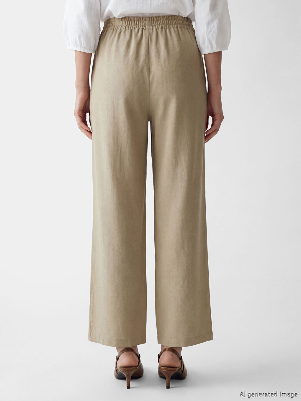 Kahverengi Beli Lastikli Keten Görünümlü Kadın Pantolon-3