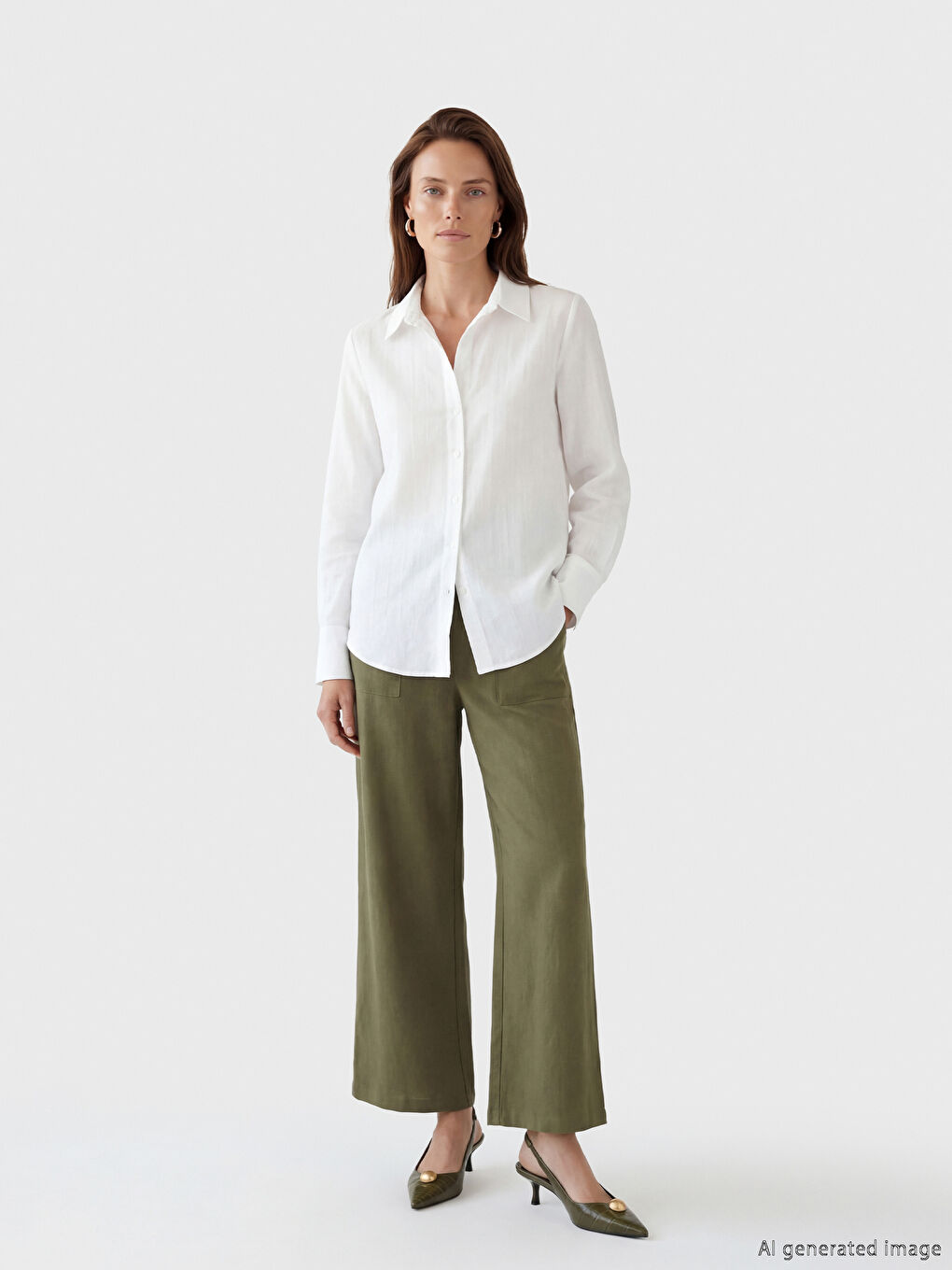 Haki Beli Lastikli Keten Görünümlü Kadın Pantolon