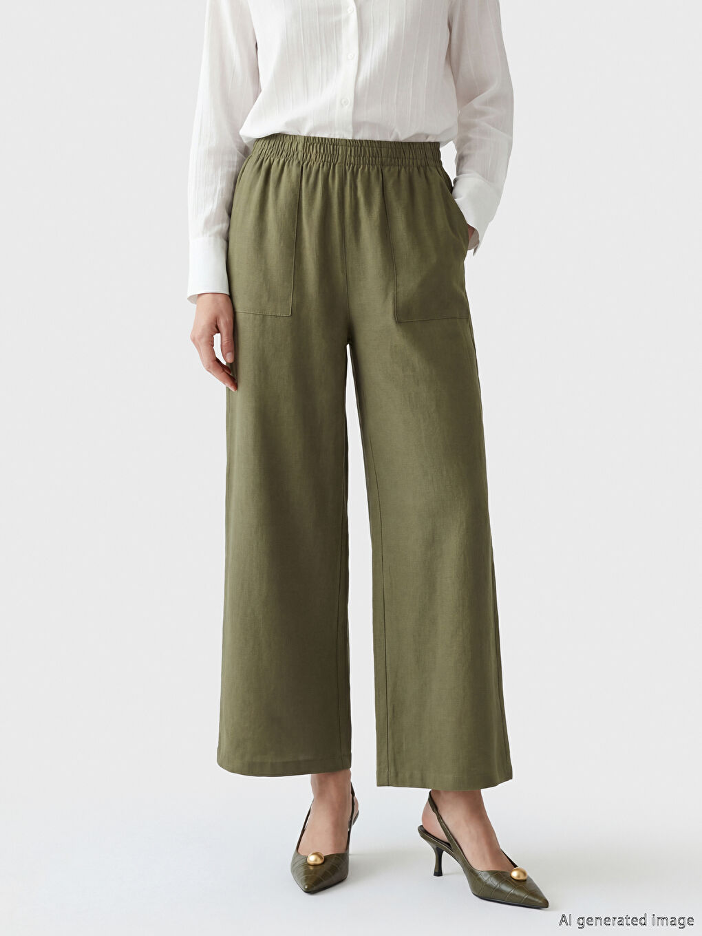 Haki Beli Lastikli Keten Görünümlü Kadın Pantolon-1