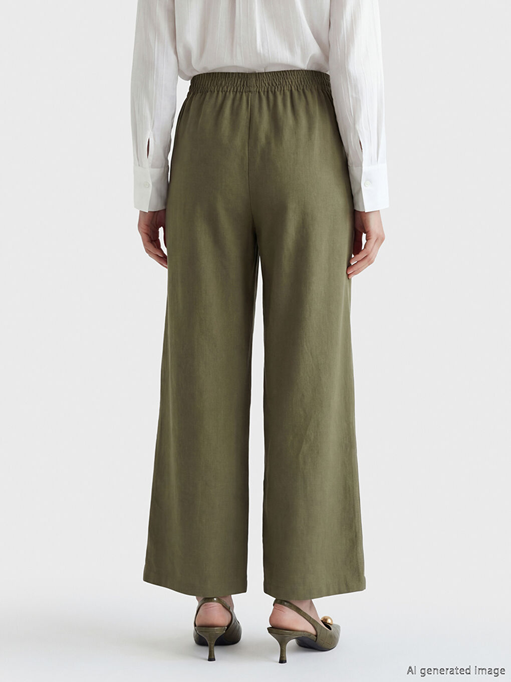 Haki Beli Lastikli Keten Görünümlü Kadın Pantolon-3