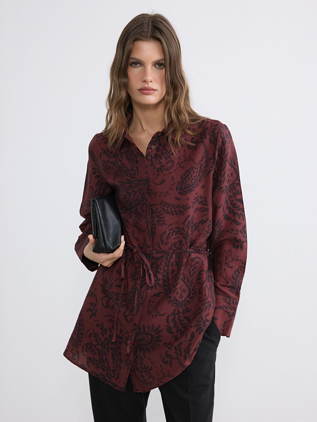 Bordo Desenli Kadın Gömlek Tunik