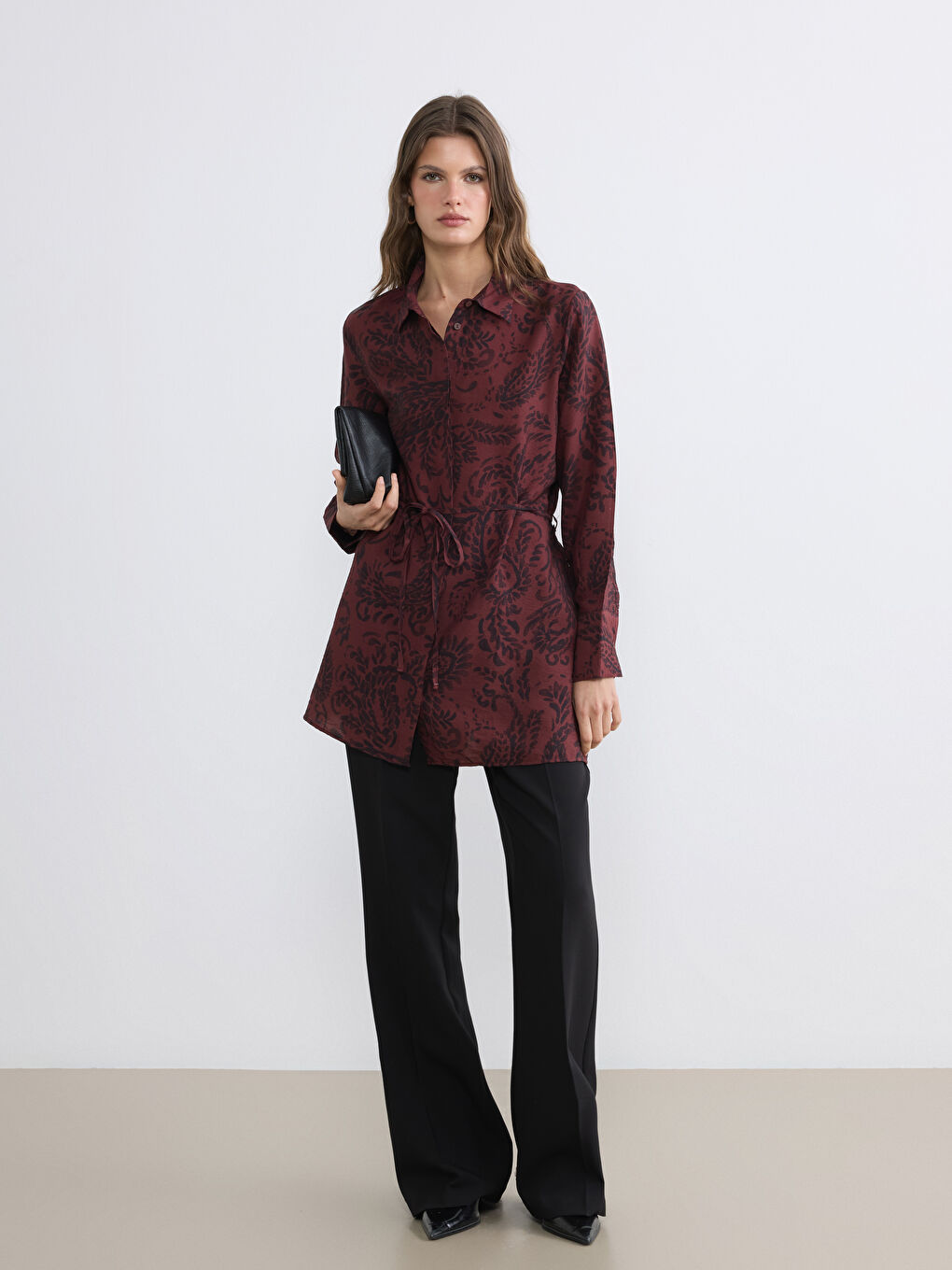 Bordo Desenli Kadın Gömlek Tunik-1