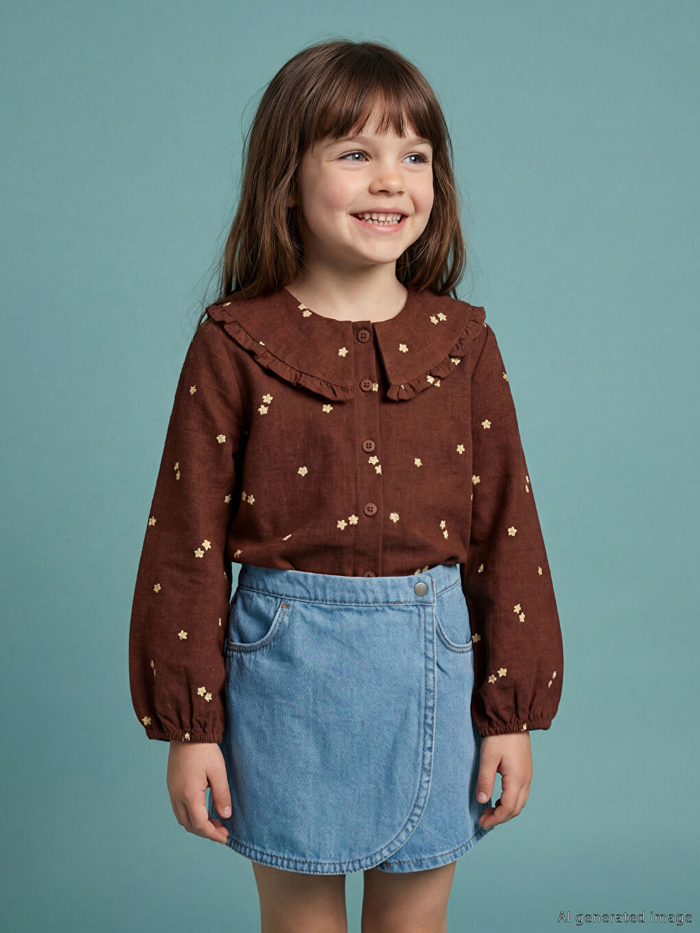 Kahverengi Bebe Yaka Çiçekli Kız Çocuk Gömlek