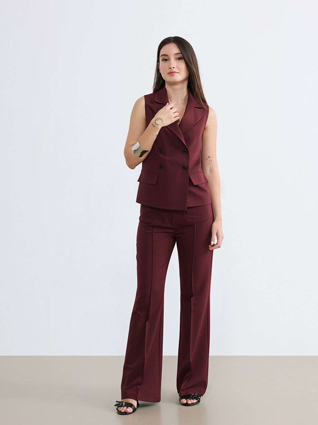 Bordo Petite Kruvaze Yaka Kadın Klasik Yelek-1