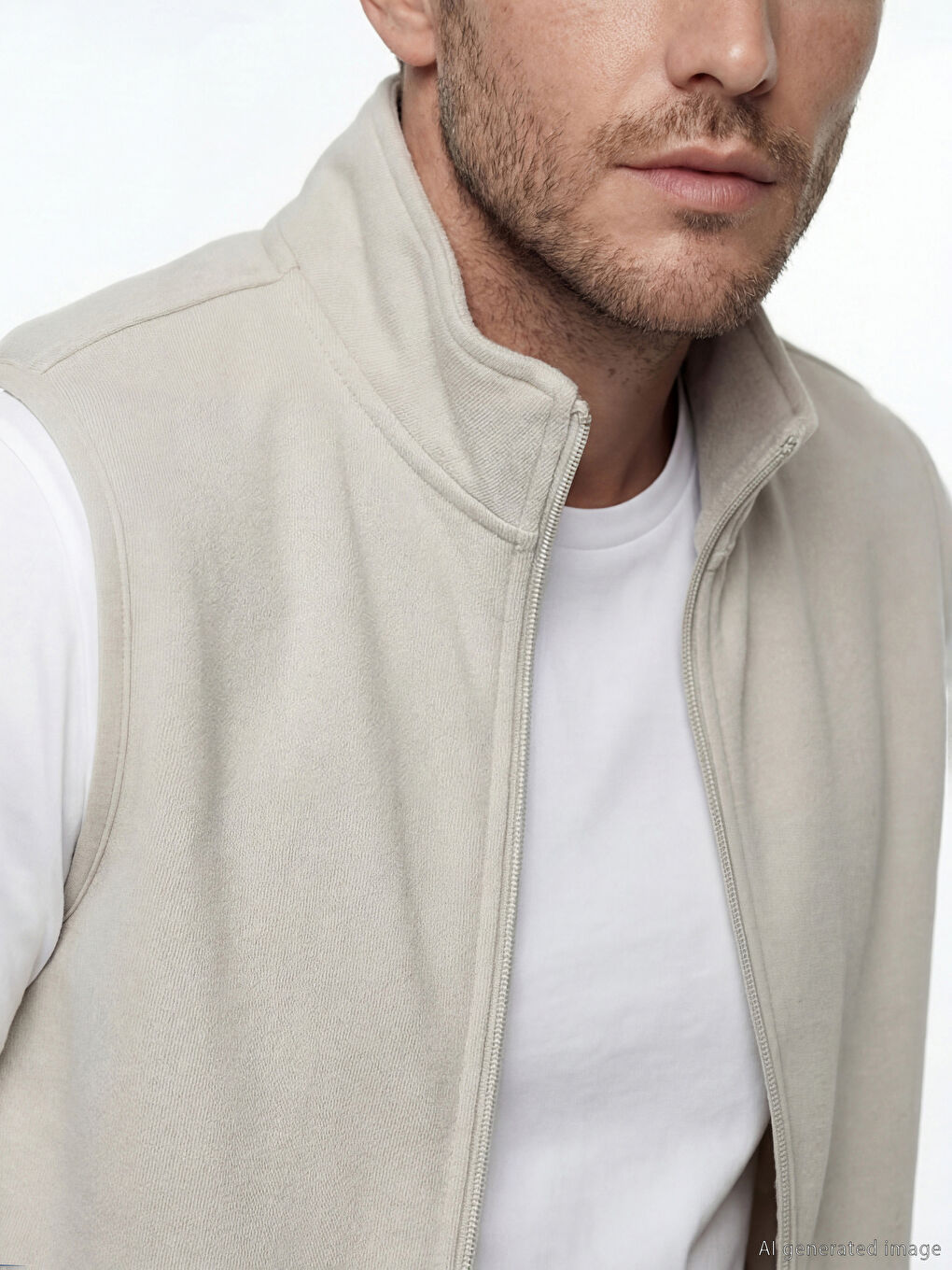 Bej Dik Yaka Fermuarlı Erkek Polar Yelek-2