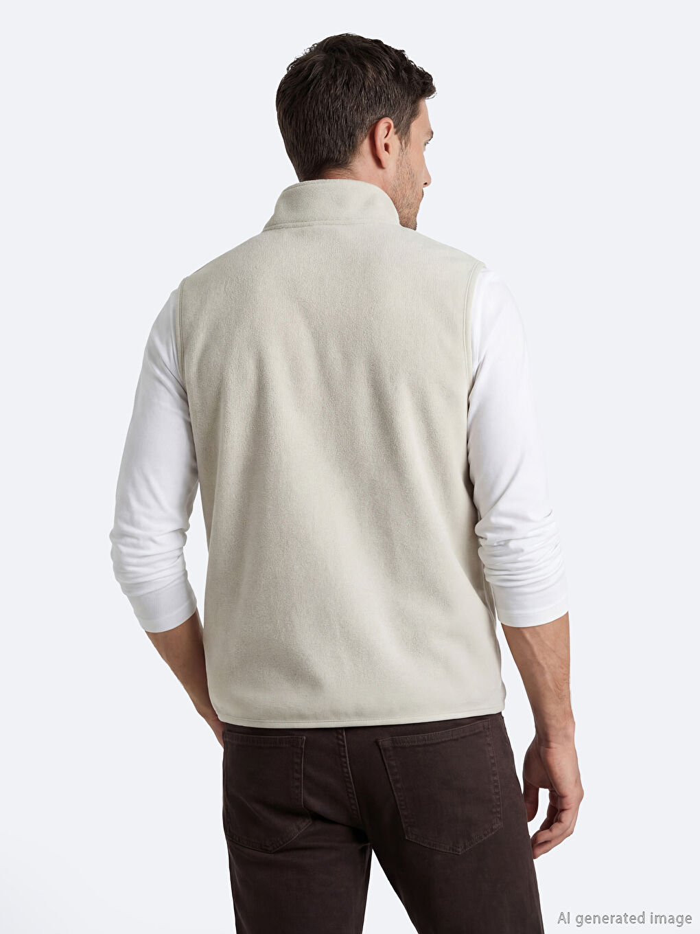 Bej Dik Yaka Fermuarlı Erkek Polar Yelek-3