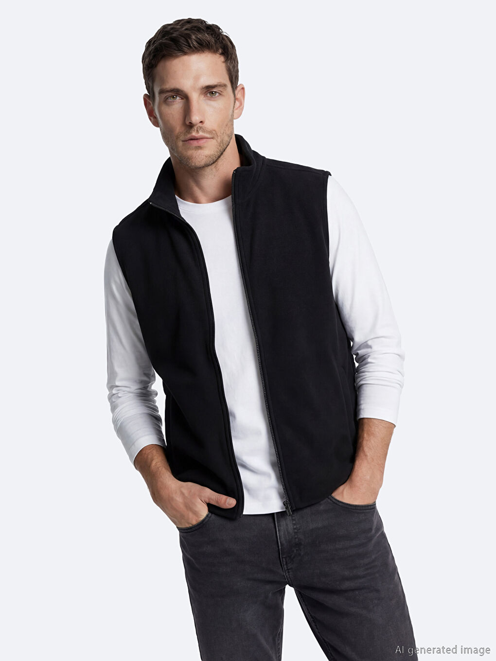 Siyah Dik Yaka Fermuarlı Erkek Polar Yelek