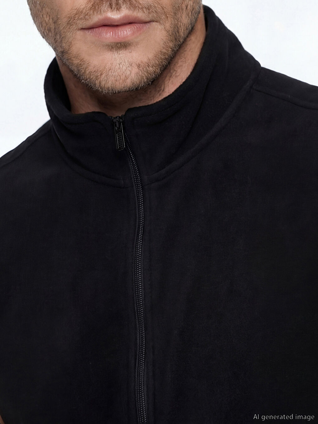 Siyah Dik Yaka Fermuarlı Erkek Polar Yelek-2