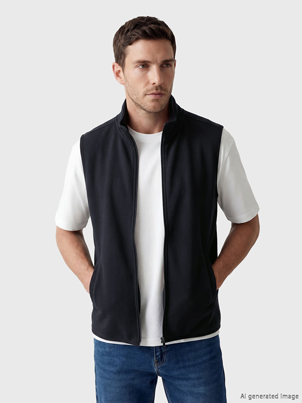 Lacivert Dik Yaka Fermuarlı Erkek Polar Yelek