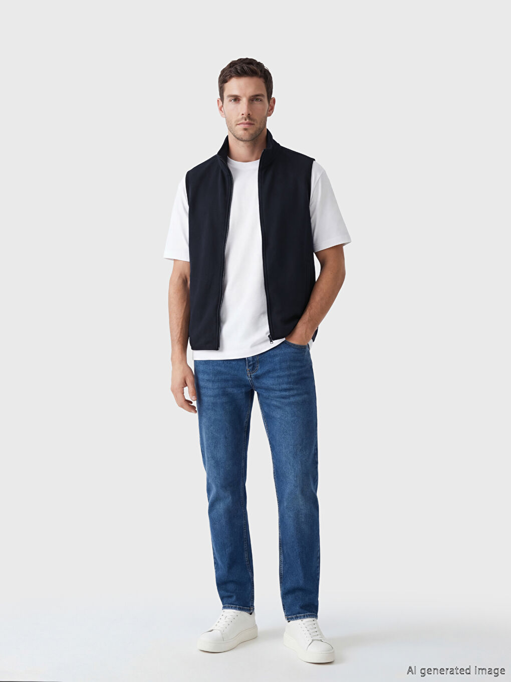 Lacivert Dik Yaka Fermuarlı Erkek Polar Yelek-1