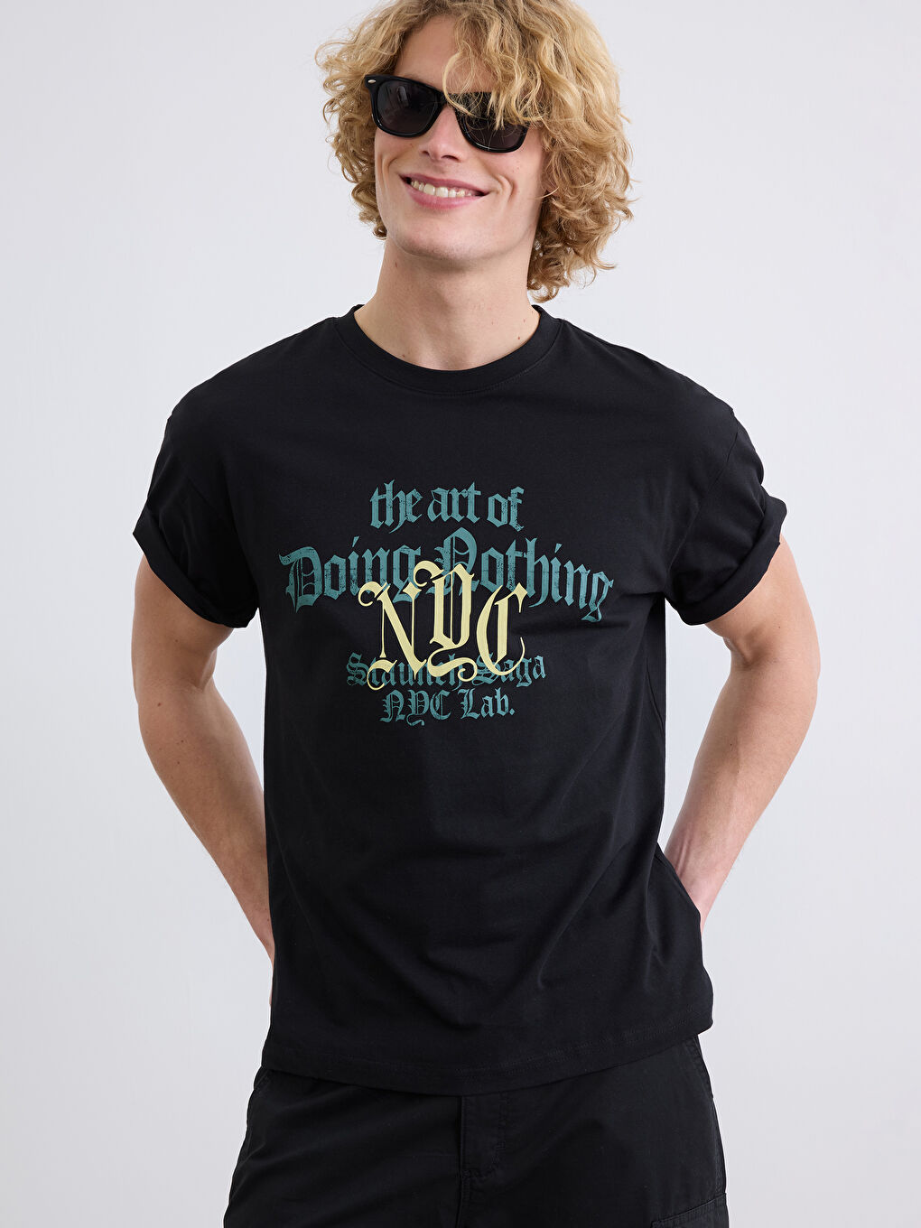 Siyah Bisiklet Yaka NYC Baskılı Erkek Tişört