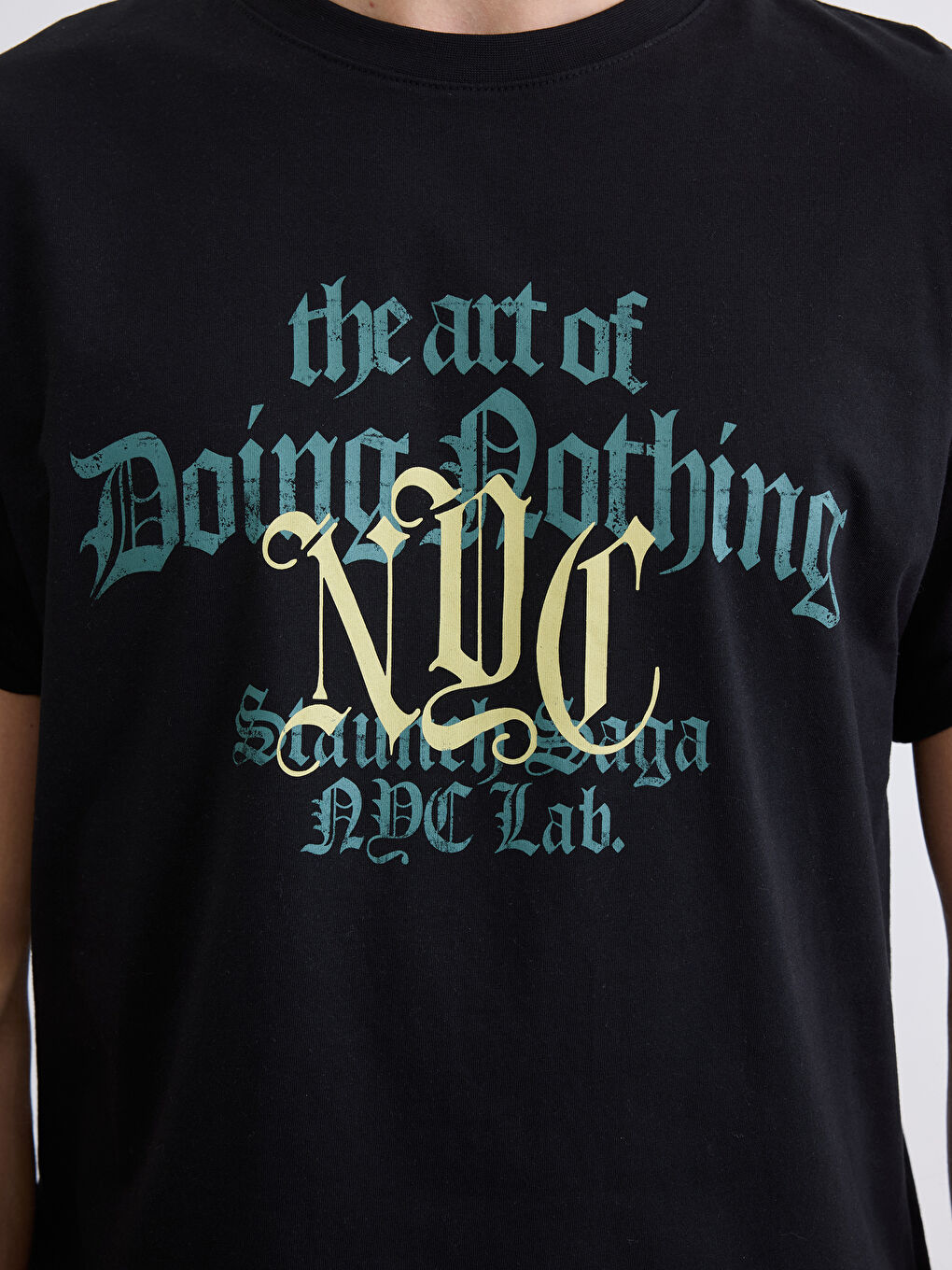 Siyah Bisiklet Yaka NYC Baskılı Erkek Tişört-2