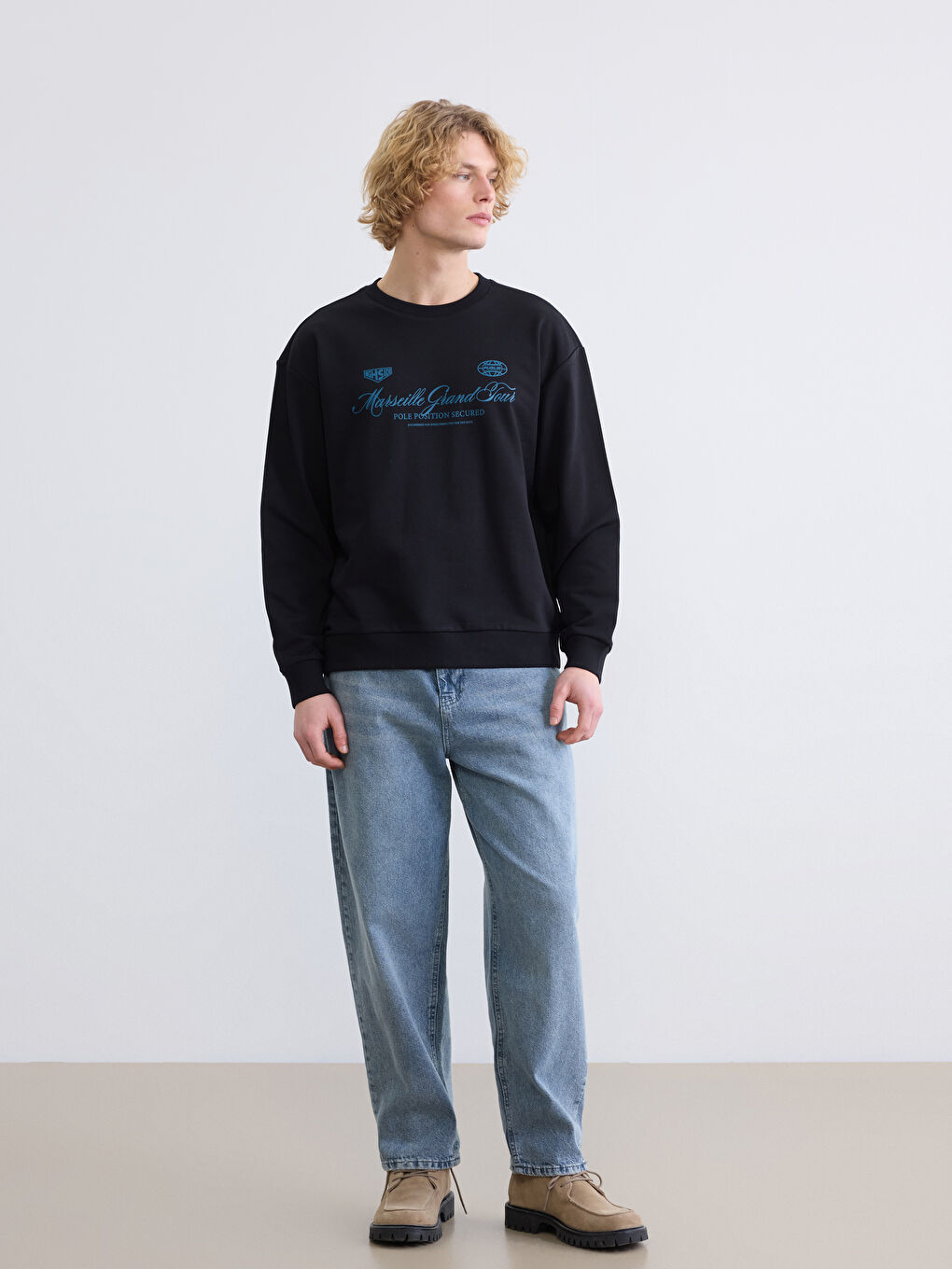 Siyah Bisiklet Yaka Marsilya Baskılı Erkek Sweatshirt-1