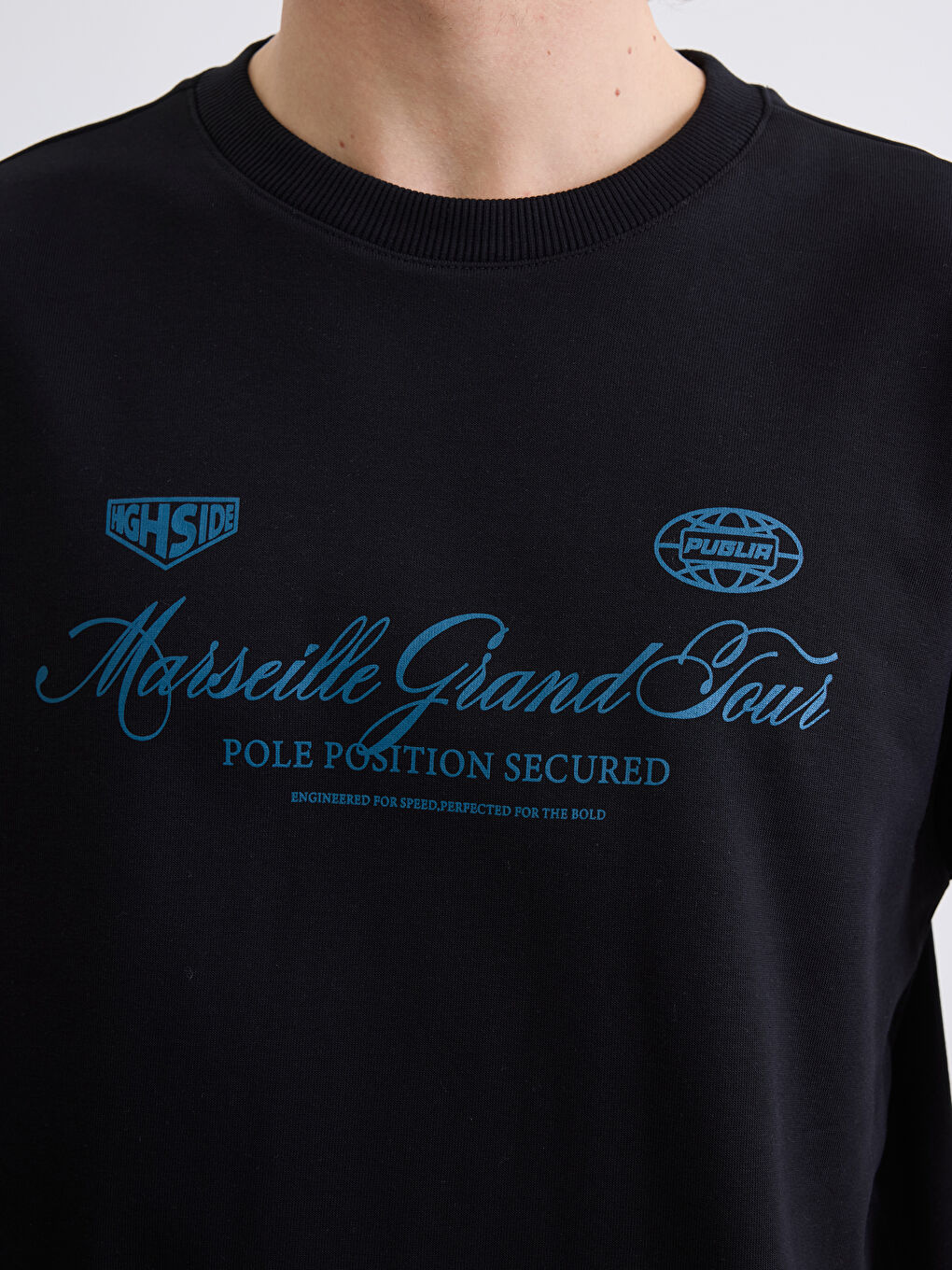 Siyah Bisiklet Yaka Marsilya Baskılı Erkek Sweatshirt-2