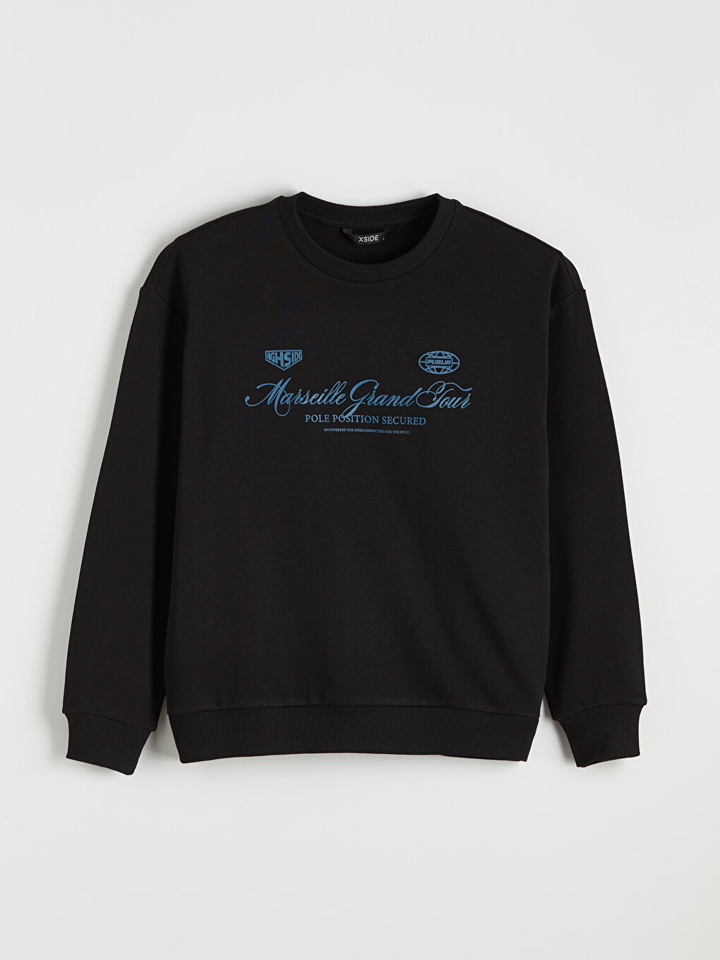 Siyah Bisiklet Yaka Marsilya Baskılı Erkek Sweatshirt