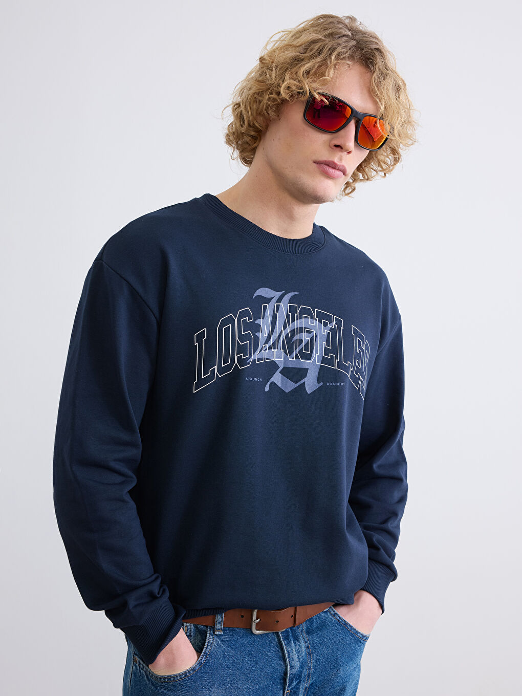 Lacivert Bisiklet Yaka Baskılı Erkek Sweatshirt