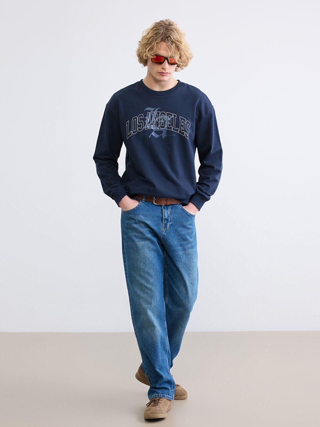 Lacivert Bisiklet Yaka Baskılı Erkek Sweatshirt-1