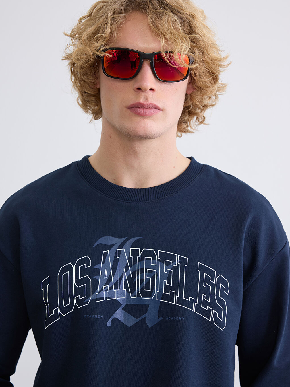 Lacivert Bisiklet Yaka Baskılı Erkek Sweatshirt-2