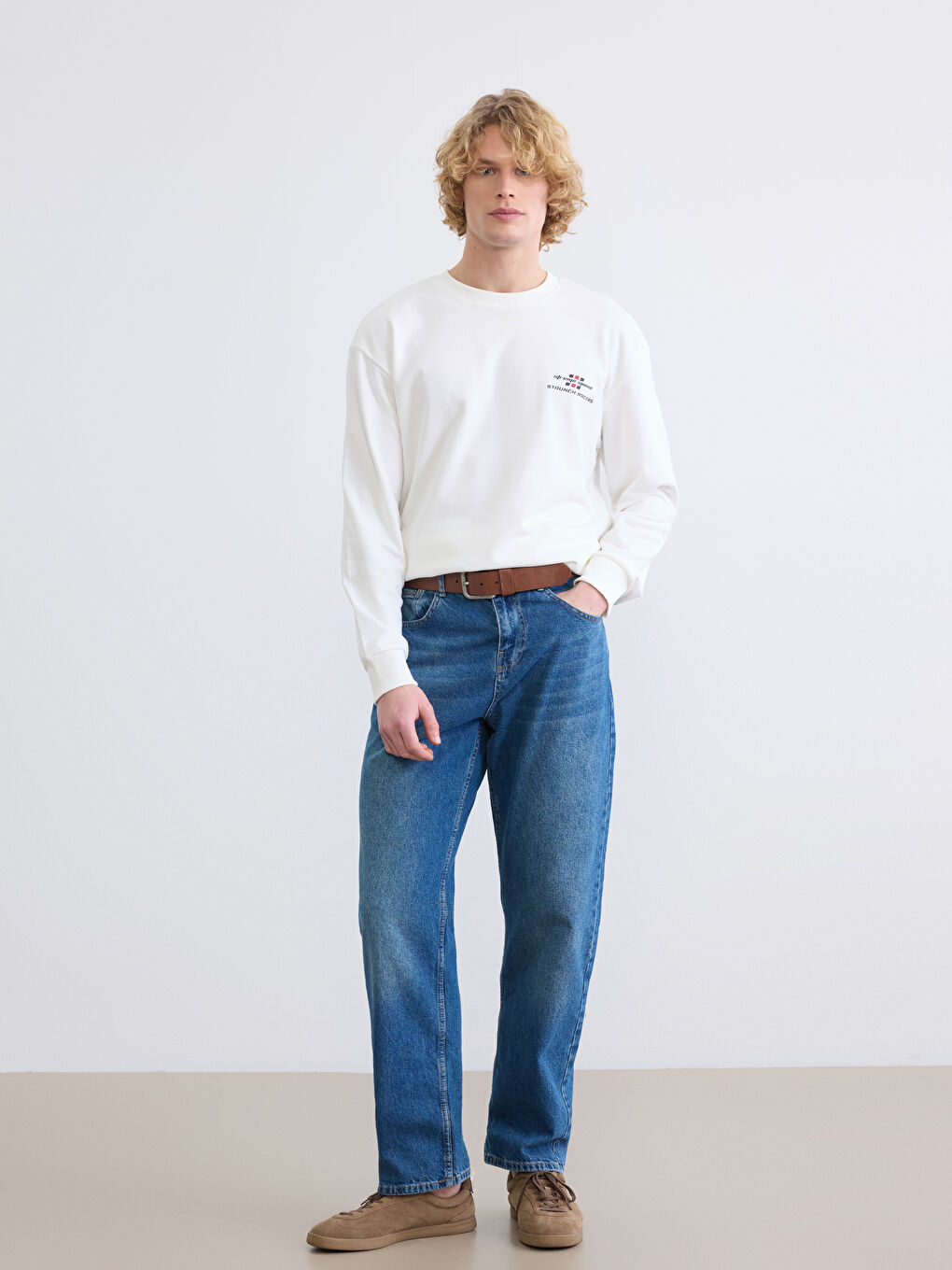 Ekru Bisiklet Yaka Baskılı Erkek Sweatshirt-1