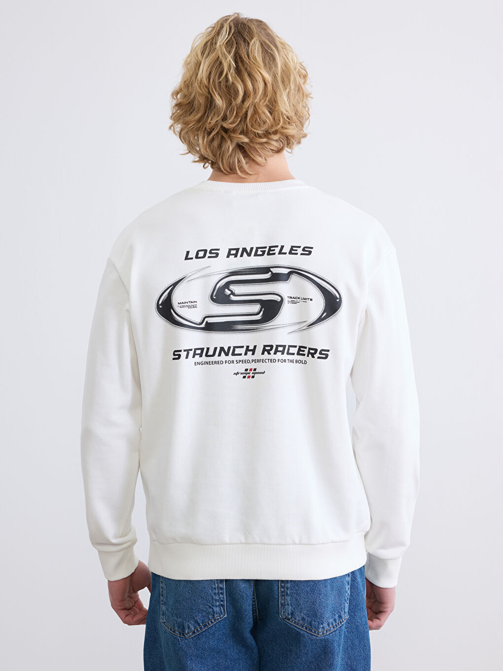 Ekru Bisiklet Yaka Baskılı Erkek Sweatshirt-3