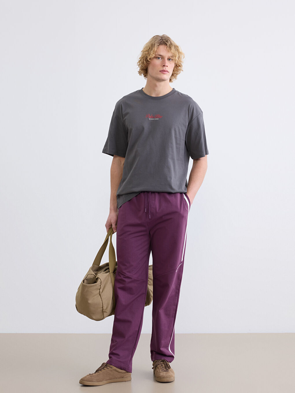 Antrasit Bisiklet Yaka Baskılı Penye Erkek Tişört-1