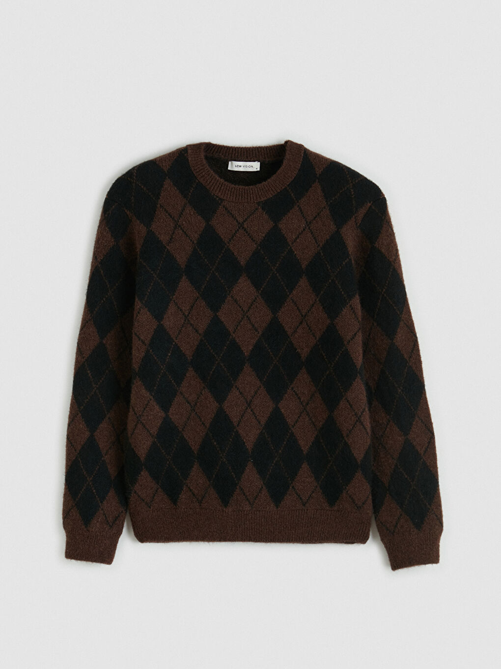 Kahverengi Bisiklet Yaka Baklava Desenli Erkek Triko Kazak