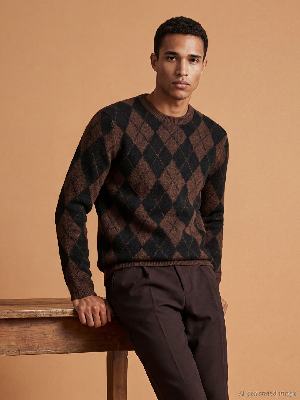 Kahverengi Bisiklet Yaka Baklava Desenli Erkek Triko Kazak