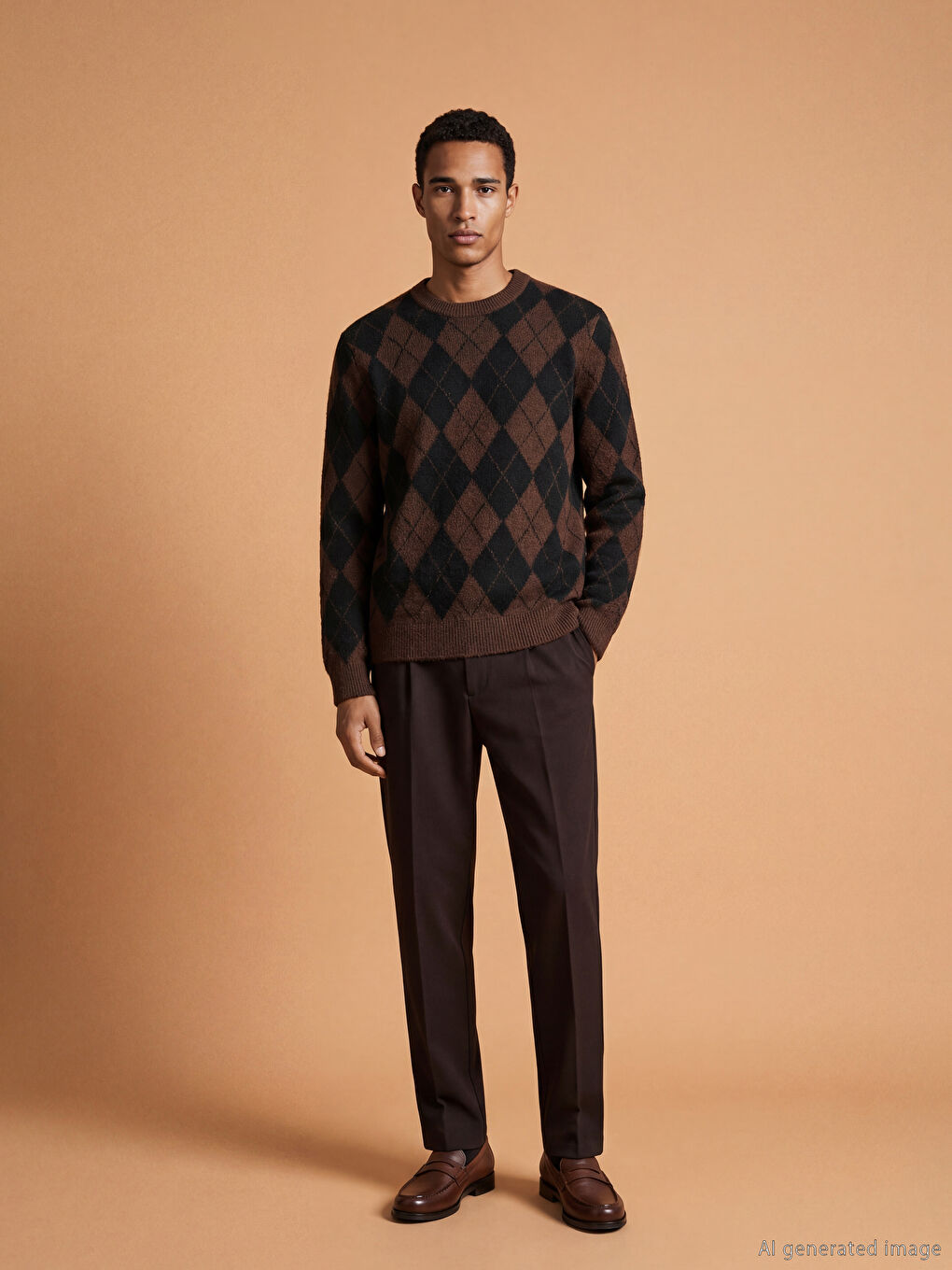 Kahverengi Bisiklet Yaka Baklava Desenli Erkek Triko Kazak-1